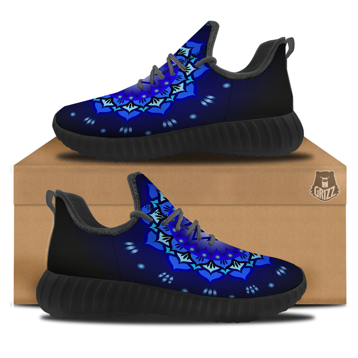 Mandala Ajna Chakra Print Black Walking Shoes-grizzshop