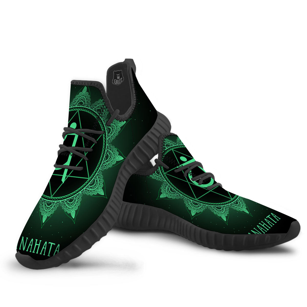 Mandala Anahata Chakra Print Black Walking Shoes-grizzshop