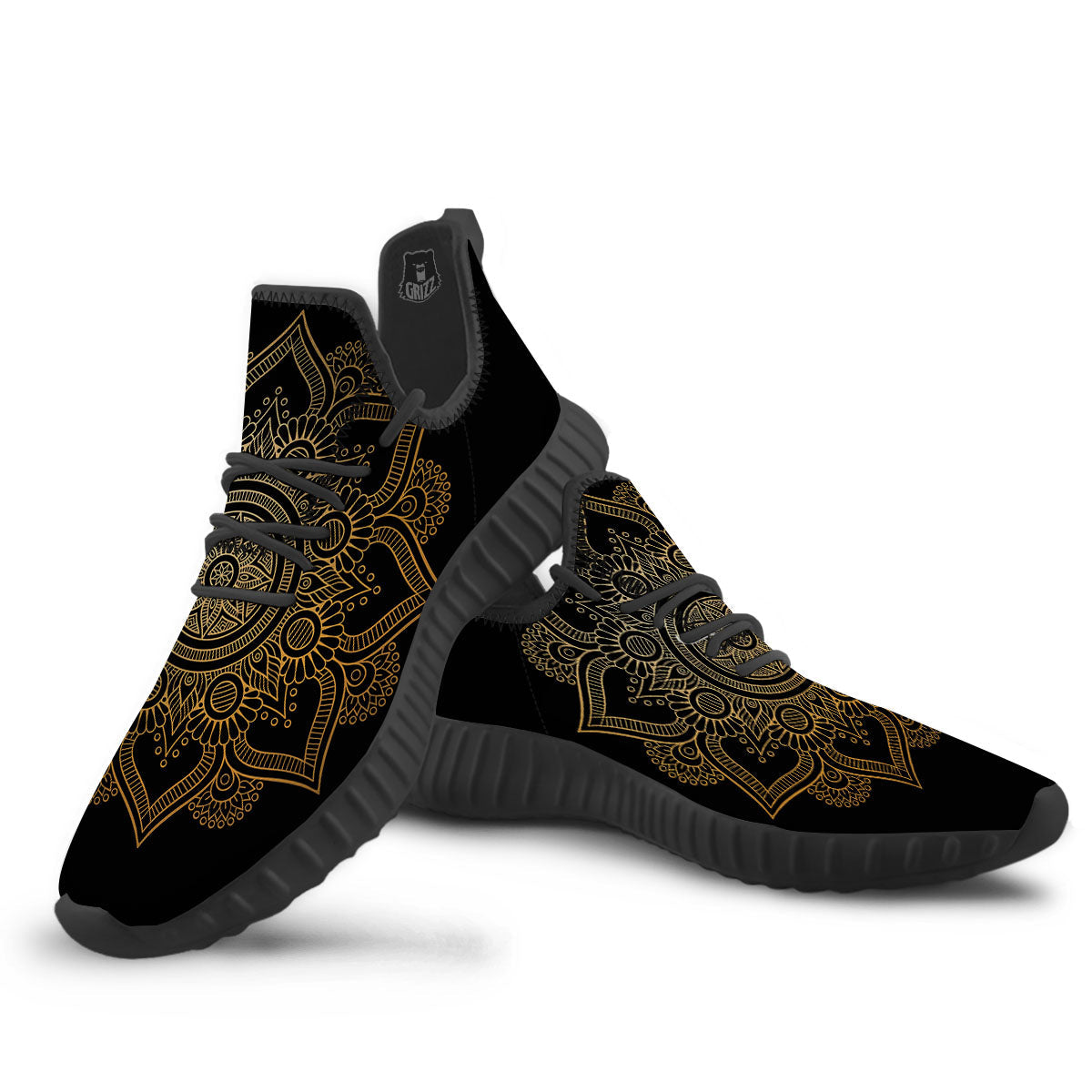 Mandala Black And Gold Print Black Walking Shoes-grizzshop
