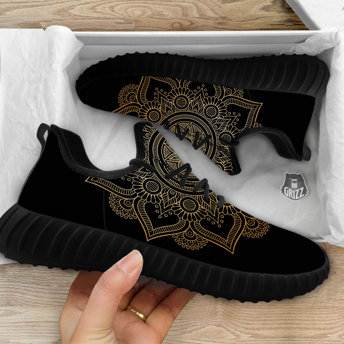 Mandala Black And Gold Print Black Walking Shoes-grizzshop