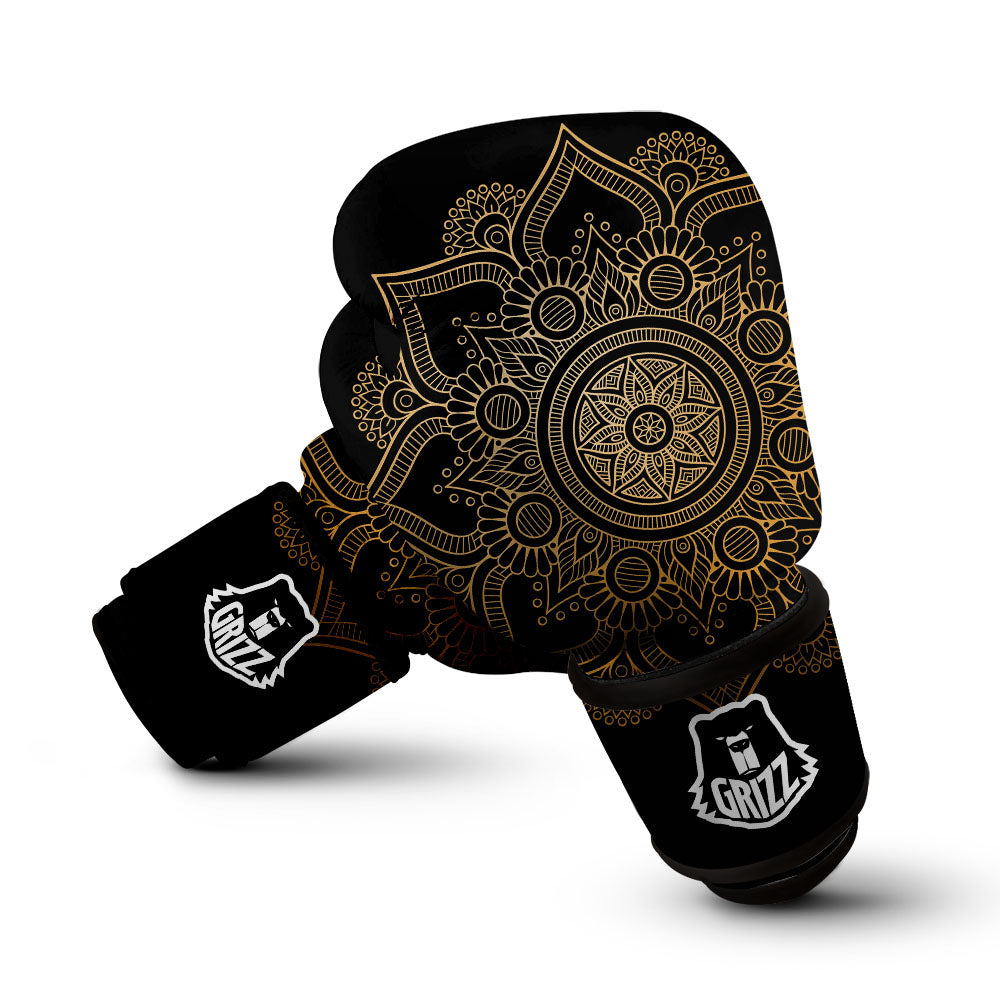 Mandala Black And Gold Print Boxing Gloves-grizzshop