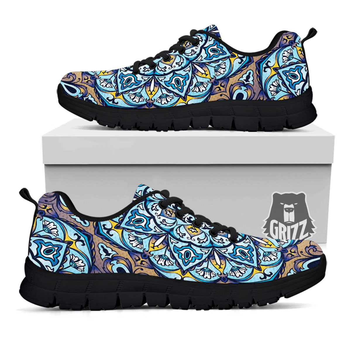 Mandala Blue And Purple Print Black Sneaker-grizzshop