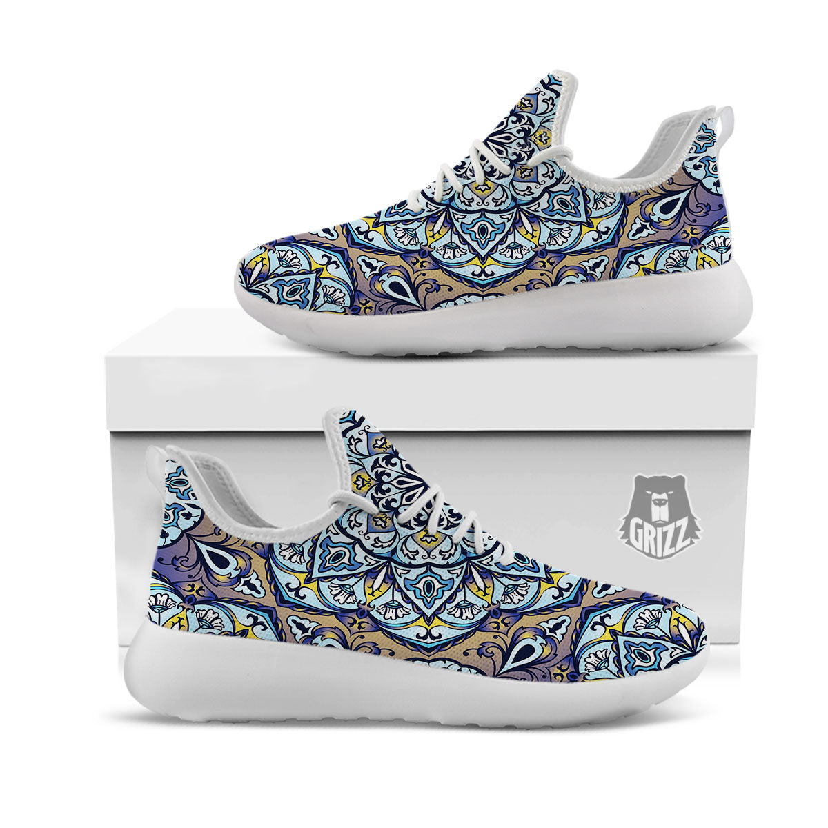 Mandala Blue And Purple Print White Athletic Shoes-grizzshop