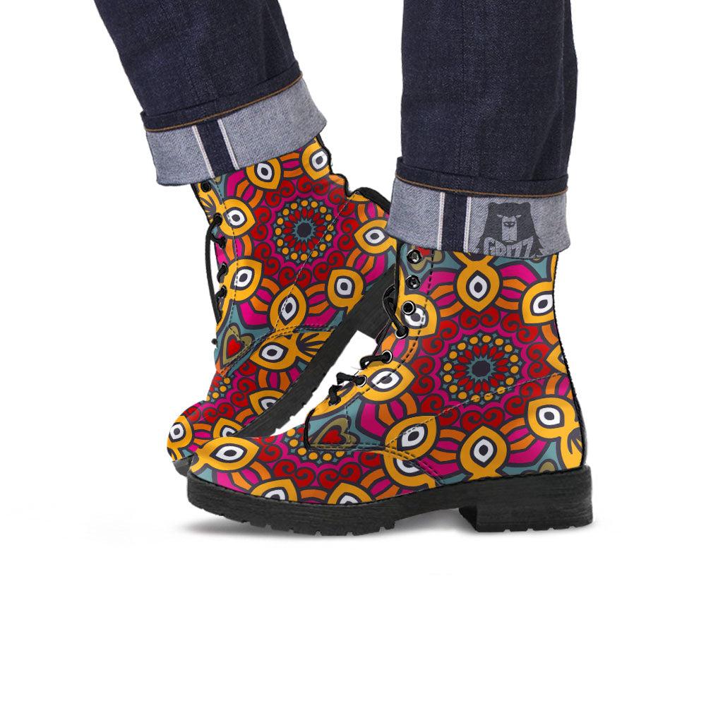 Mandala Bohemian Native Print Pattern Leather Boots-grizzshop