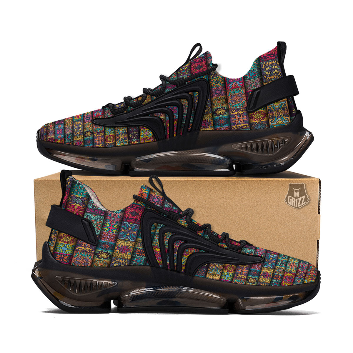 Mandala Bohemian Rectangle Print Pattern Black Gym Shoes-grizzshop