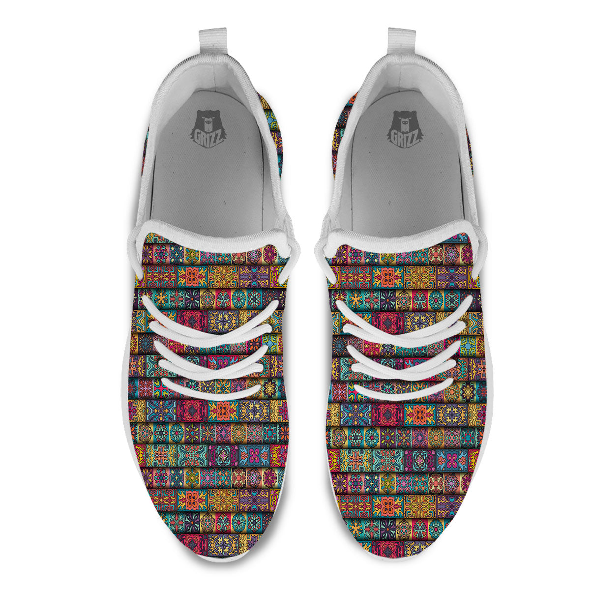 Mandala Bohemian Rectangle Print Pattern White Athletic Shoes-grizzshop