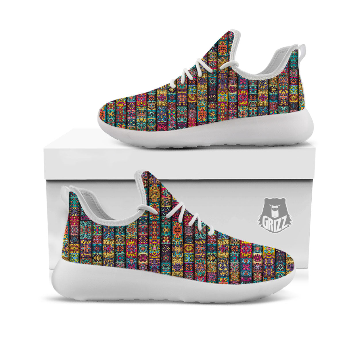 Mandala Bohemian Rectangle Print Pattern White Athletic Shoes-grizzshop