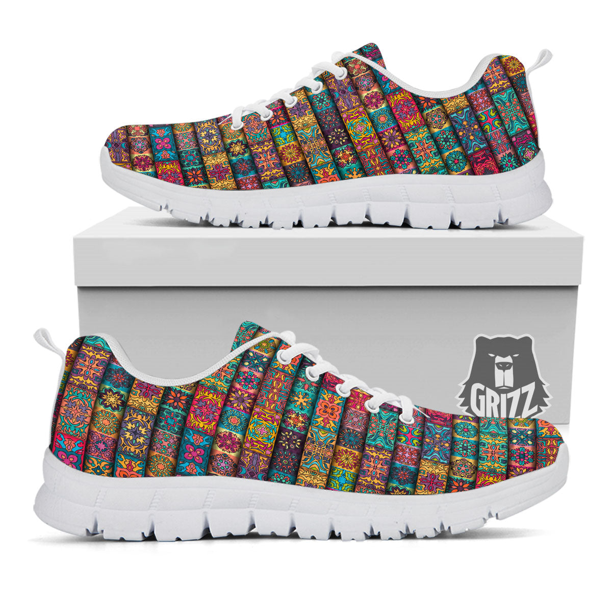 Mandala Bohemian Rectangle Print Pattern White Sneaker-grizzshop