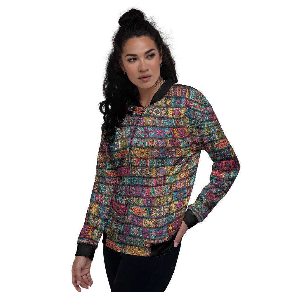 Mandala Bohemian Rectangle Print Pattern Women's Bomber Jacket-grizzshop