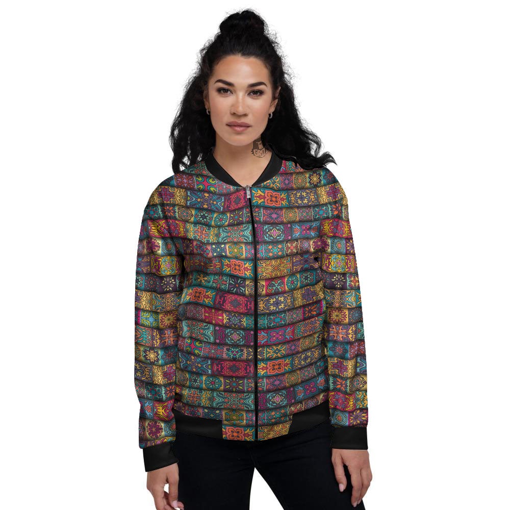 Mandala Bohemian Rectangle Print Pattern Women's Bomber Jacket-grizzshop