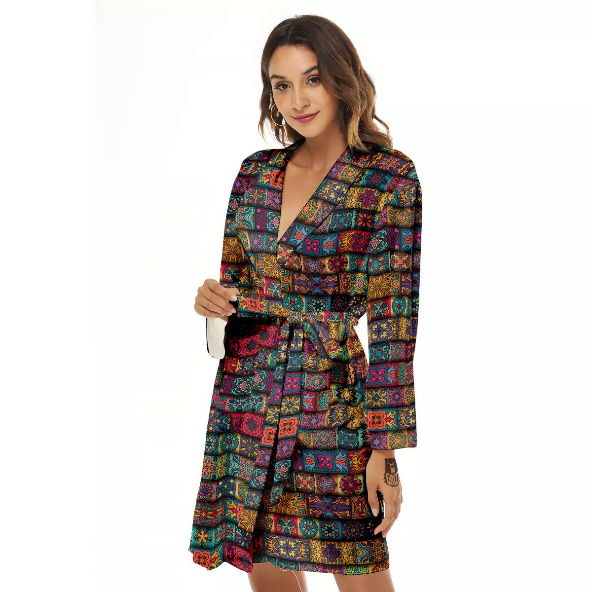 Mandala Bohemian Rectangle Print Pattern Women's Robe-grizzshop