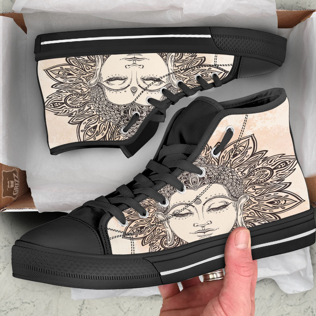 Mandala Buddha Beige Print Black High Top Shoes-grizzshop