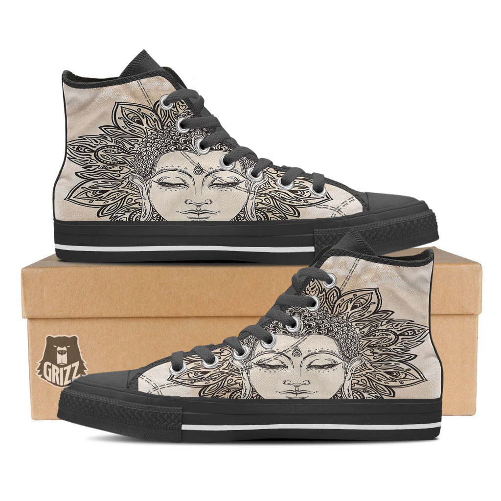 Mandala Buddha Beige Print Black High Top Shoes-grizzshop