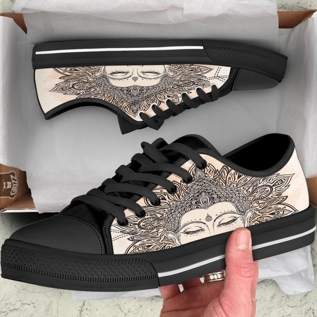 Mandala Buddha Beige Print Black Low Top Shoes-grizzshop