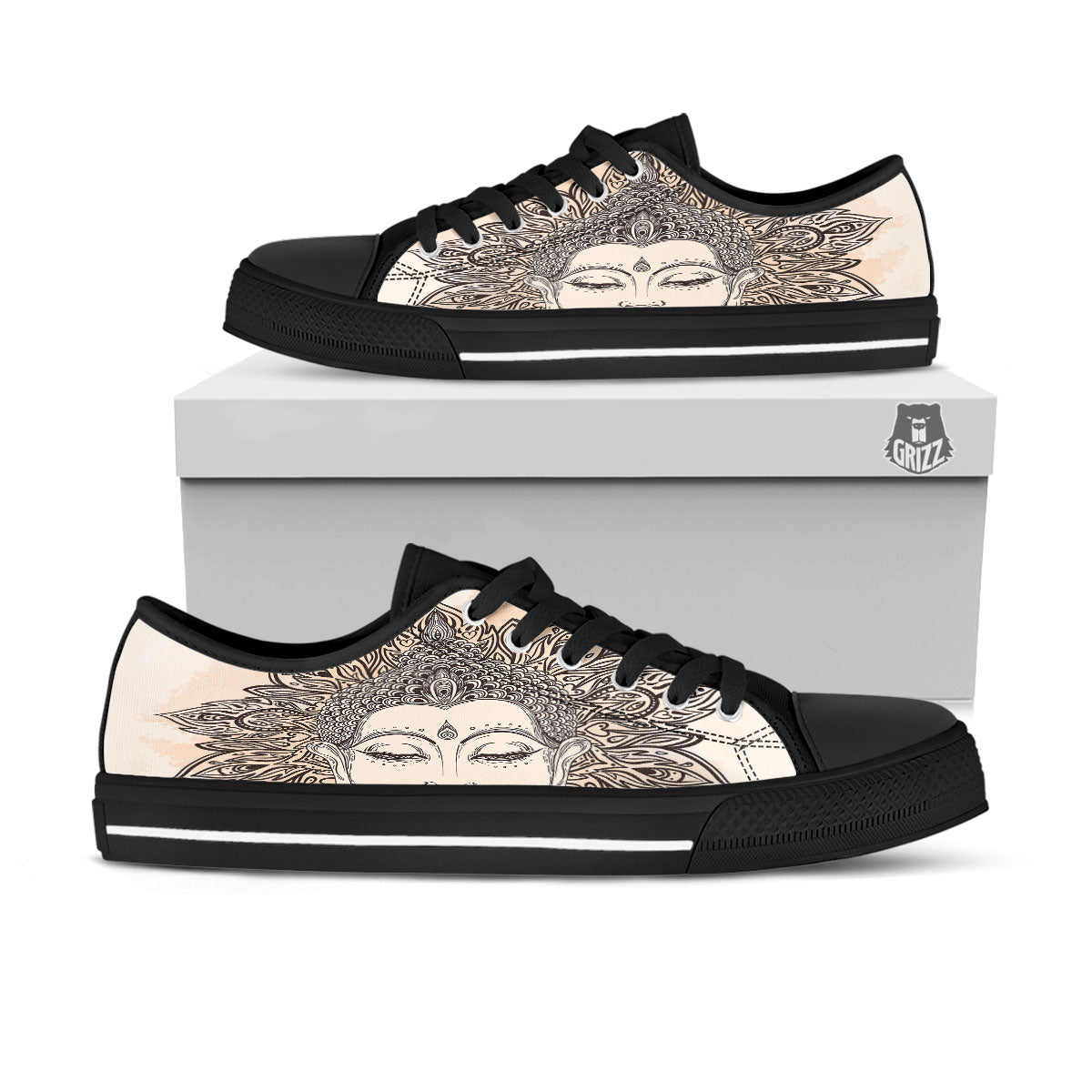 Mandala Buddha Beige Print Black Low Top Shoes-grizzshop
