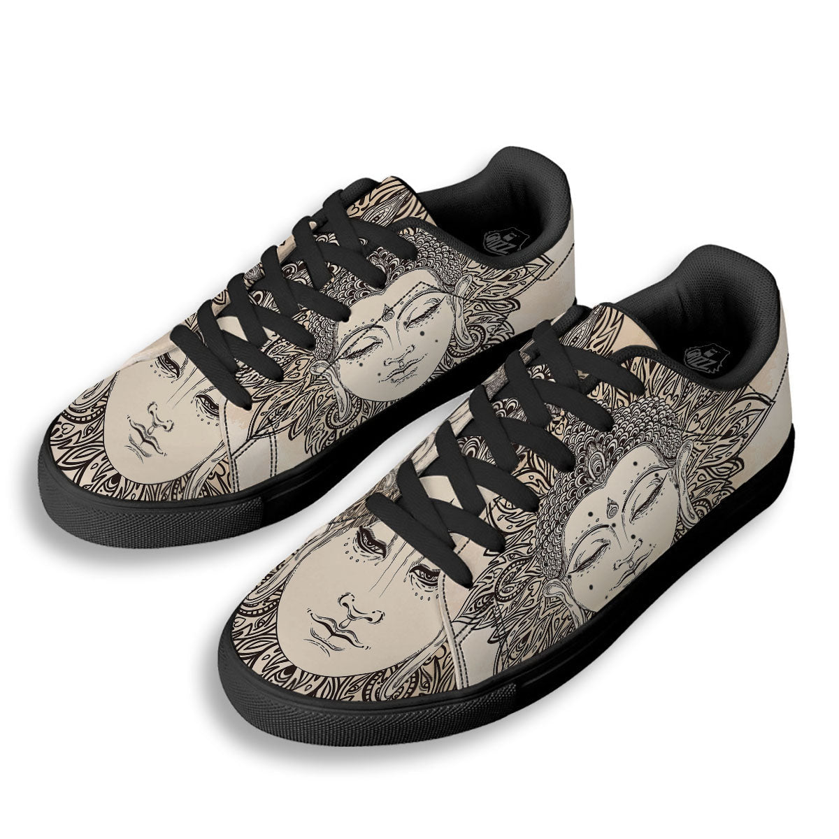 Mandala Buddha Beige Print Black Low Top Sneakers-grizzshop