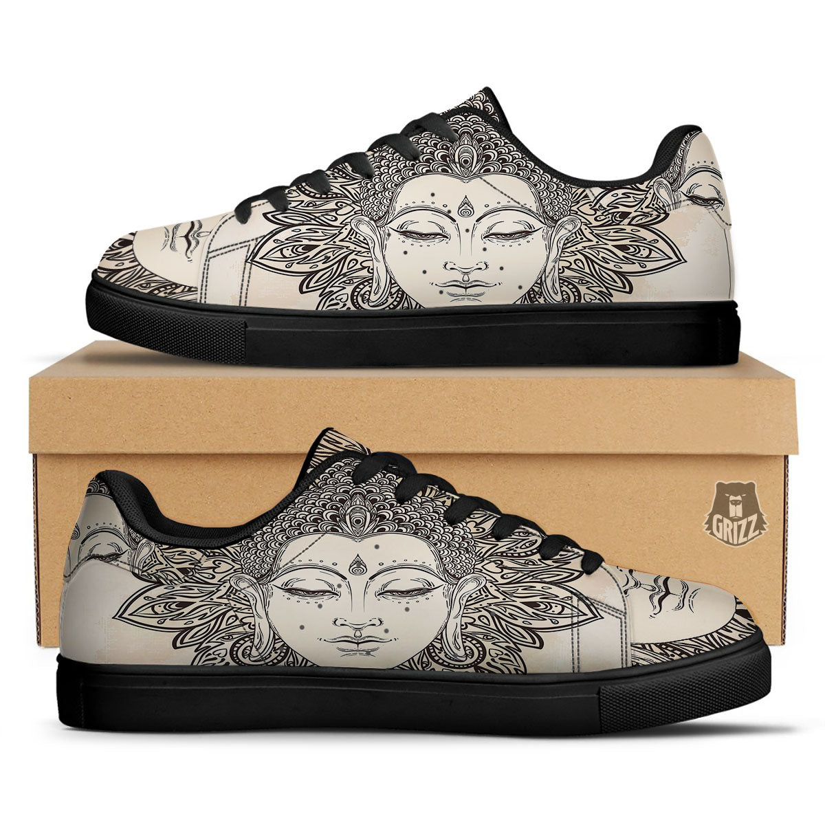 Mandala Buddha Beige Print Black Low Top Sneakers-grizzshop