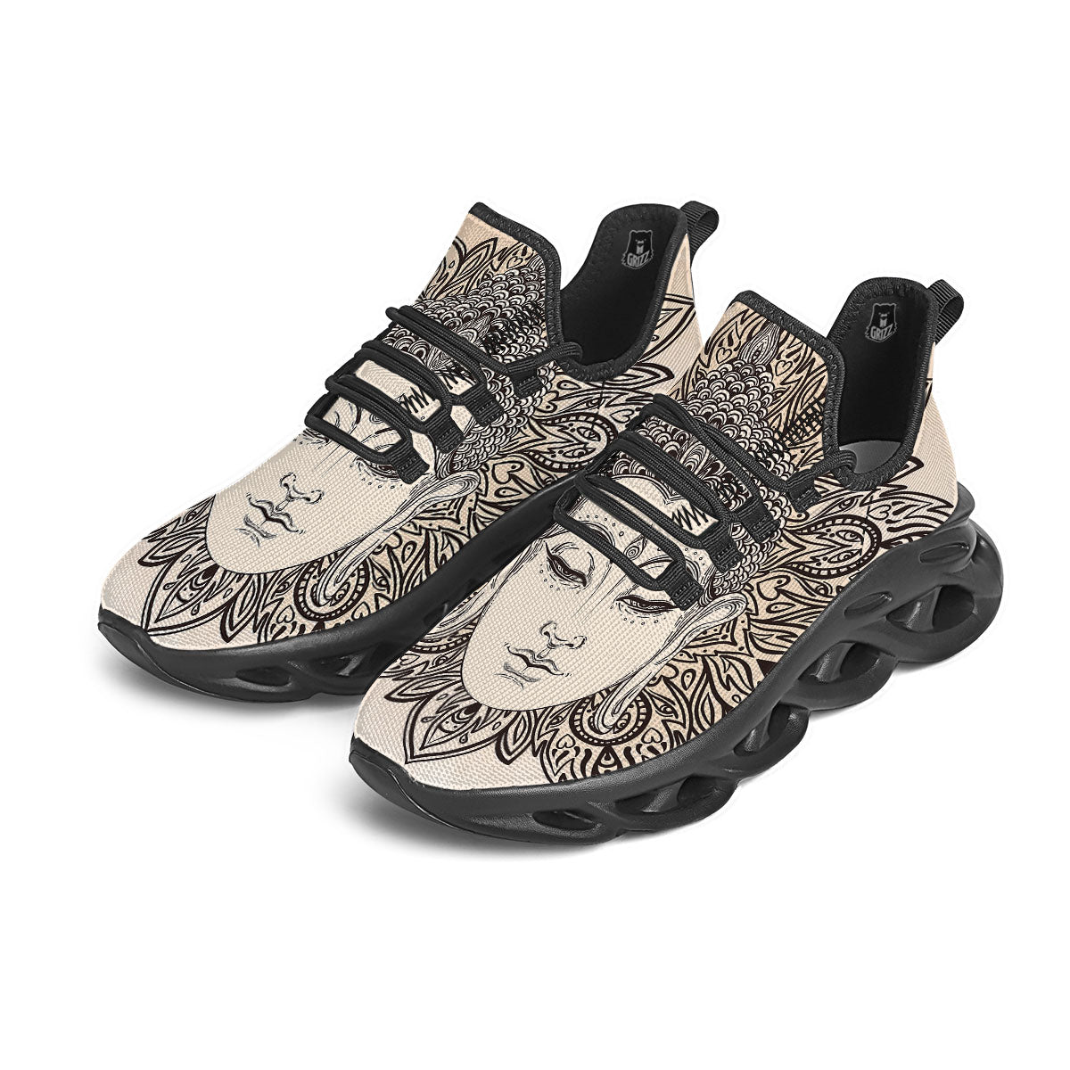 Mandala Buddha Beige Print Black Running Shoes-grizzshop