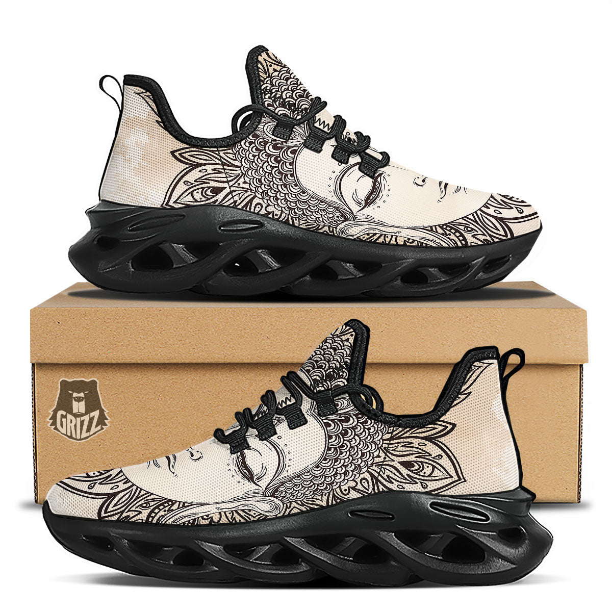 Mandala Buddha Beige Print Black Running Shoes-grizzshop