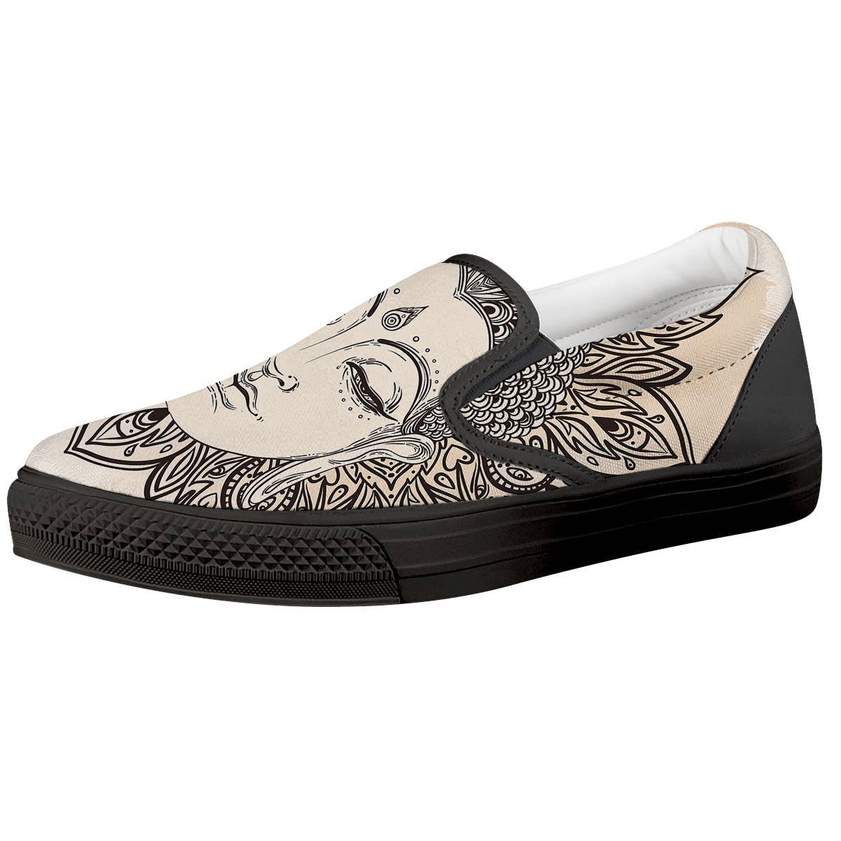 Mandala Buddha Beige Print Black Slip On Shoes-grizzshop