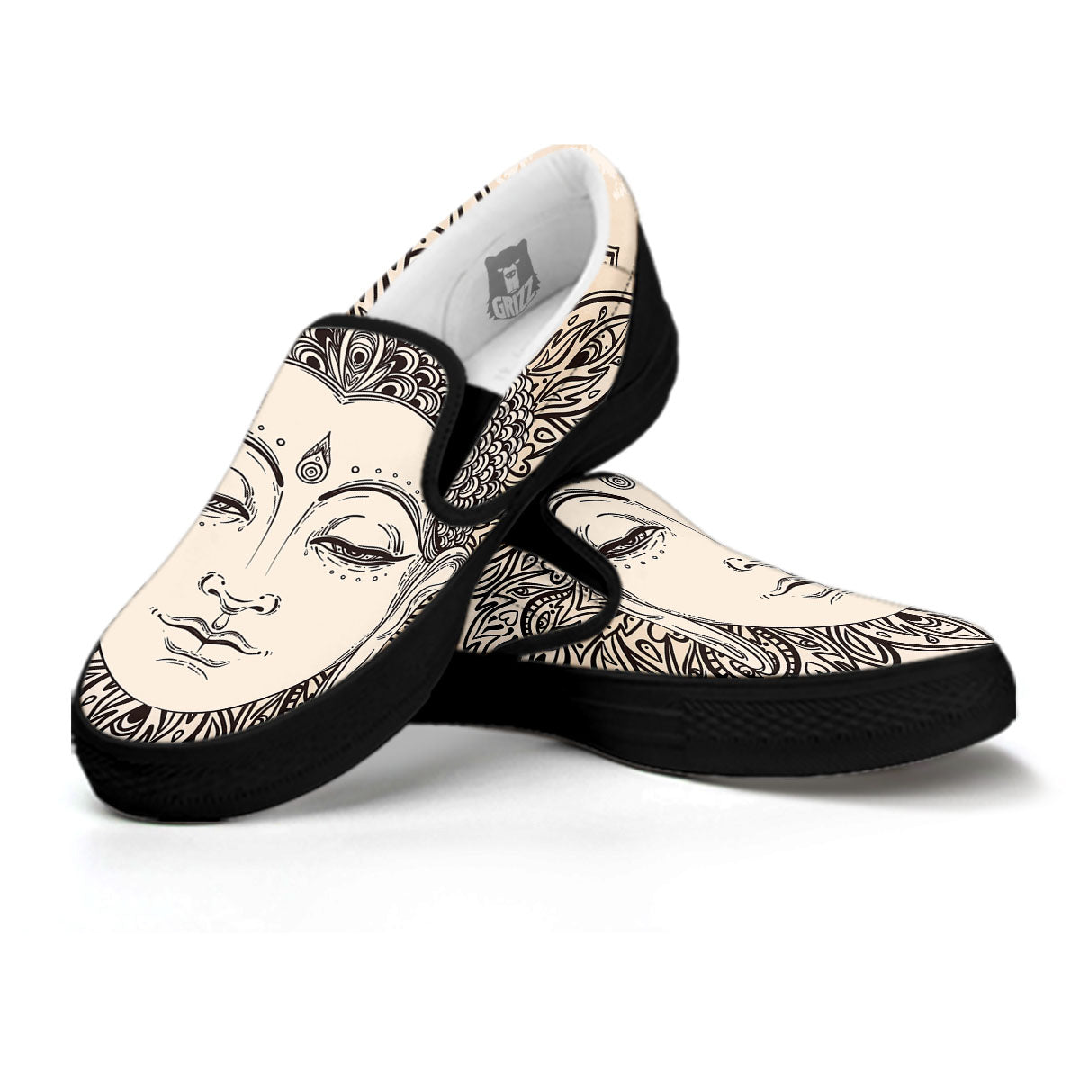 Mandala Buddha Beige Print Black Slip On Shoes-grizzshop