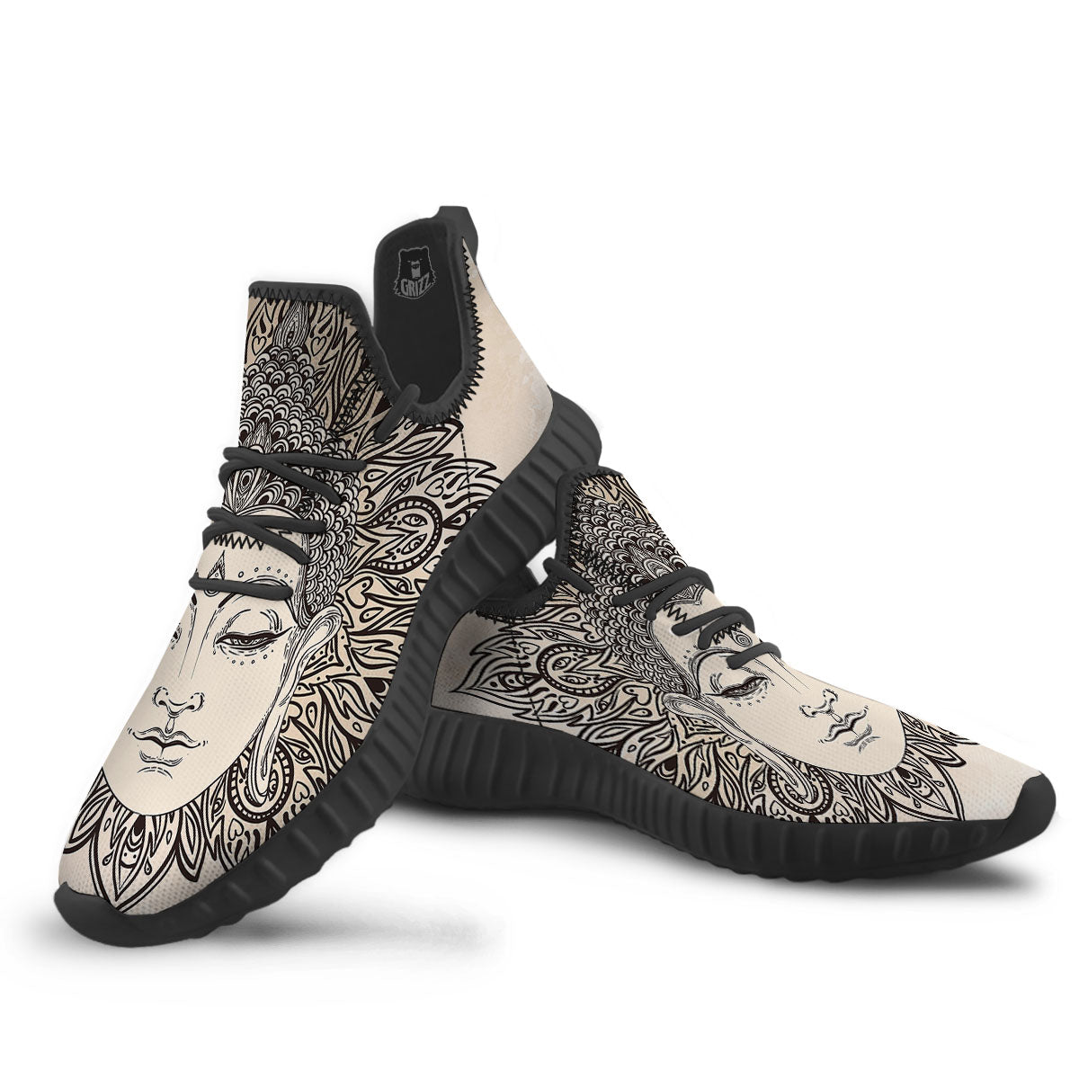 Mandala Buddha Beige Print Black Walking Shoes-grizzshop