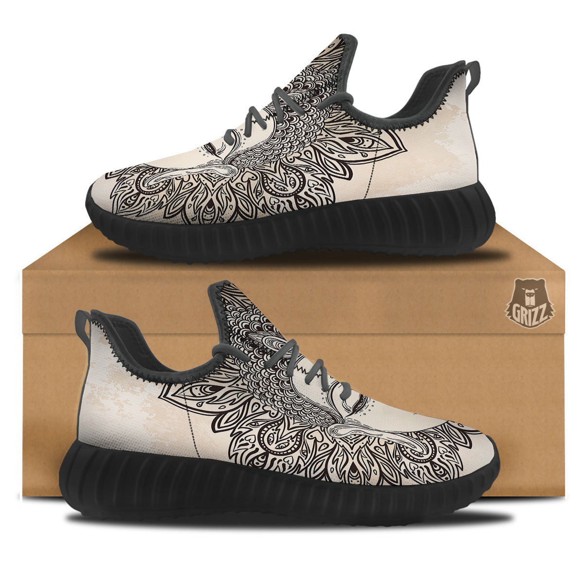 Mandala Buddha Beige Print Black Walking Shoes-grizzshop