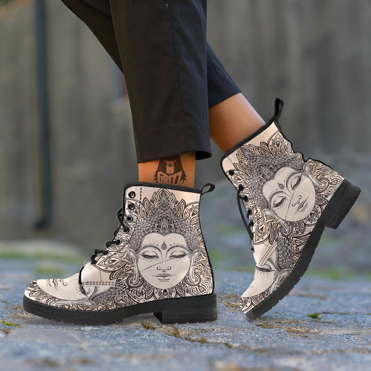 Mandala Buddha Beige Print Leather Boots-grizzshop