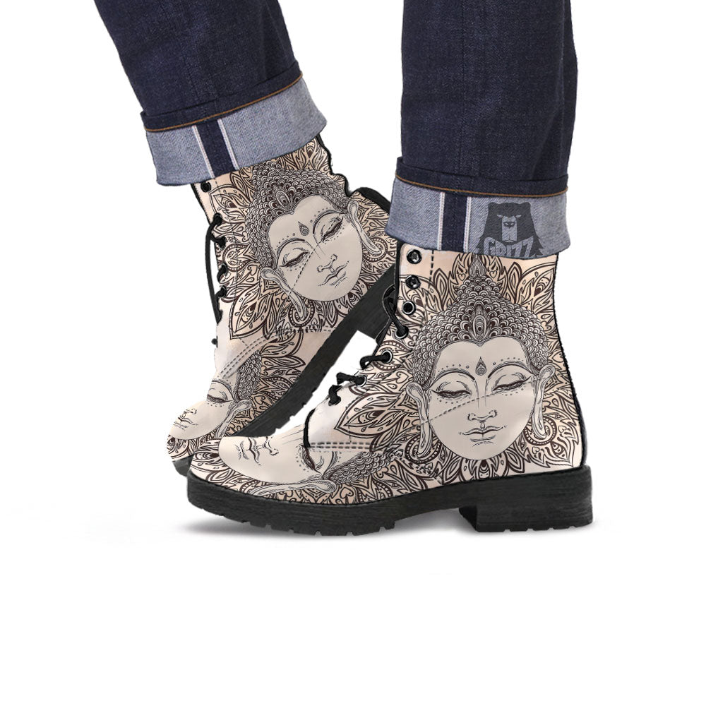 Mandala Buddha Beige Print Leather Boots-grizzshop