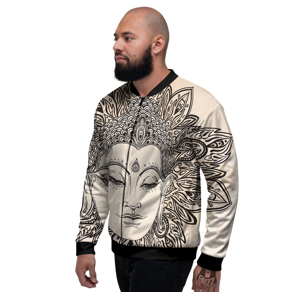 Mandala Buddha Beige Print Men's Bomber Jacket-grizzshop