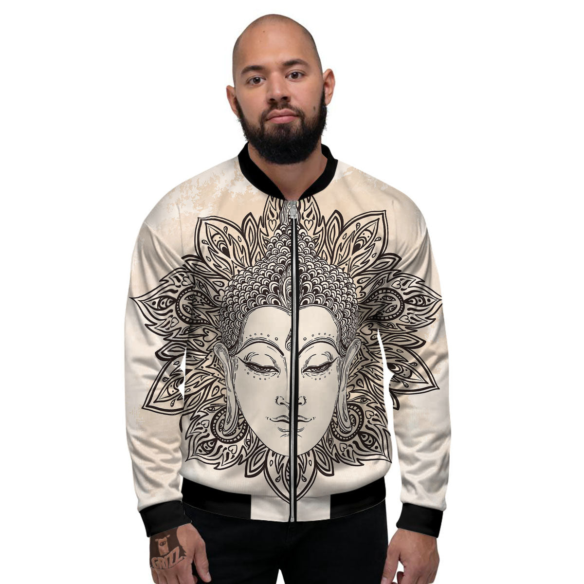 Mandala Buddha Beige Print Men's Bomber Jacket-grizzshop