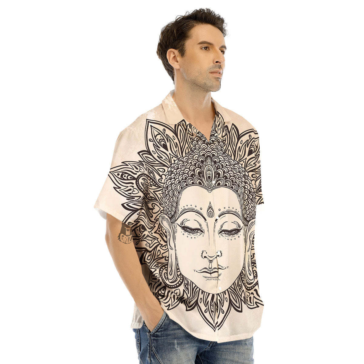 Mandala Buddha Beige Print Men's Hawaiian Shirt-grizzshop