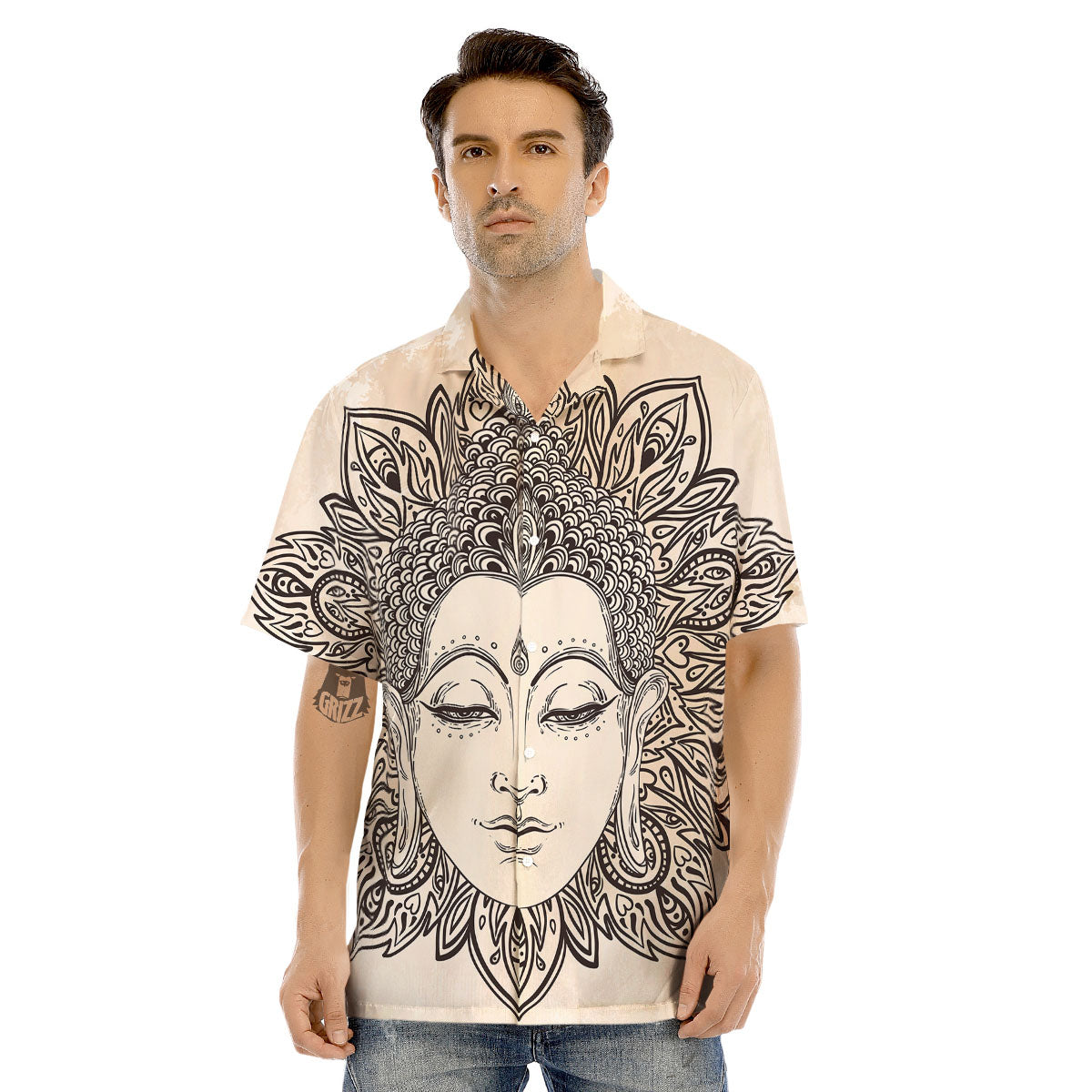 Mandala Buddha Beige Print Men's Hawaiian Shirt-grizzshop
