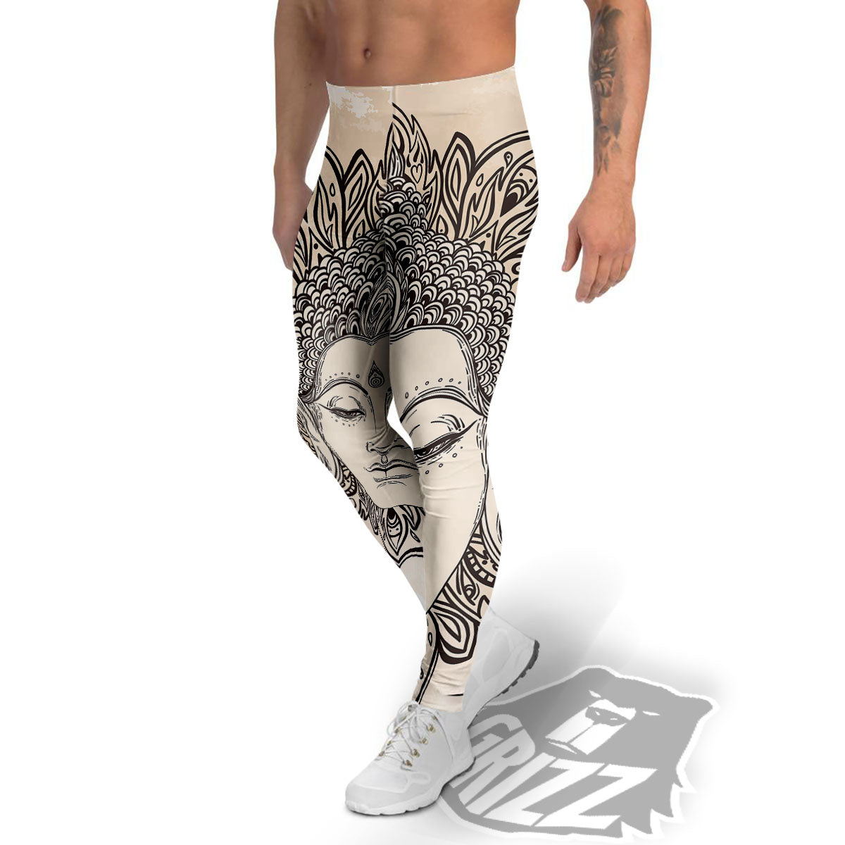 Mandala Buddha Beige Print Men's Leggings-grizzshop
