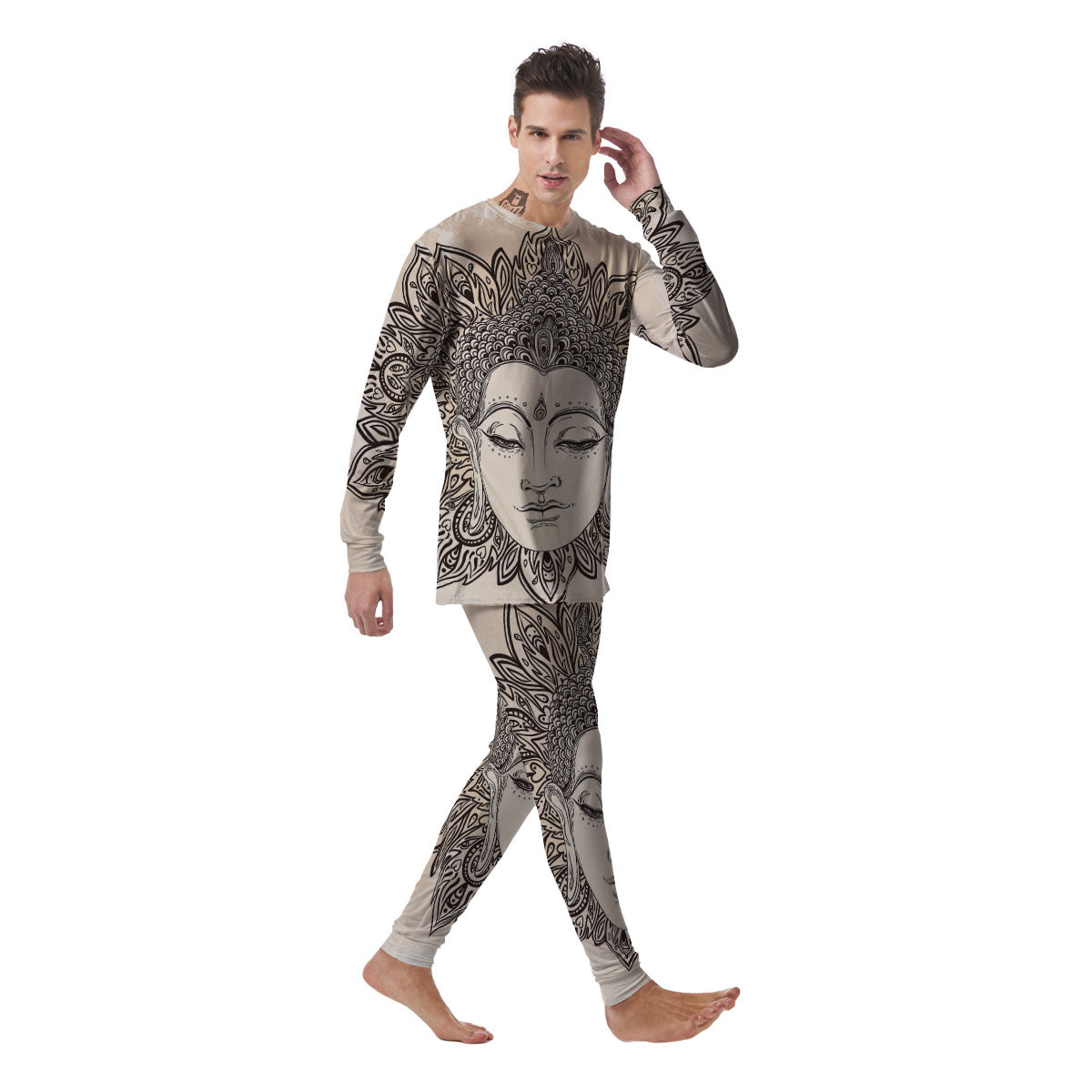 Mandala Buddha Beige Print Men's Pajamas-grizzshop