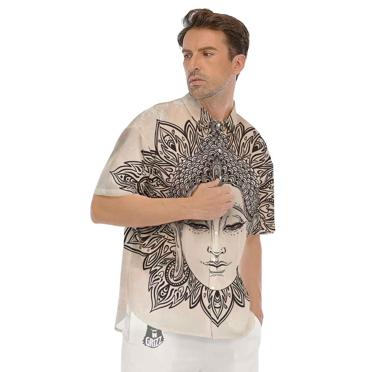 Mandala Buddha Beige Print Men's Short Sleeve Shirts-grizzshop