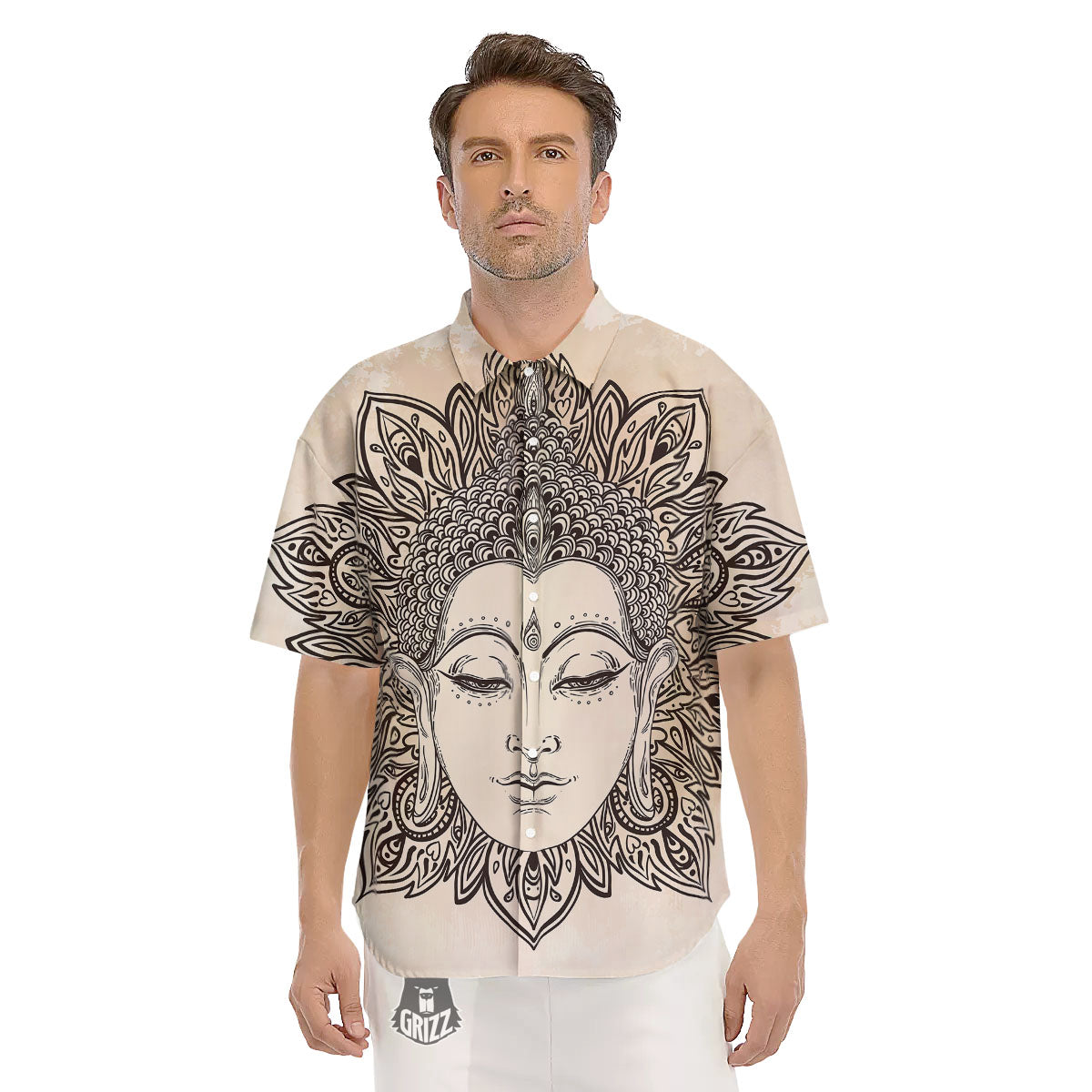 Mandala Buddha Beige Print Men's Short Sleeve Shirts-grizzshop