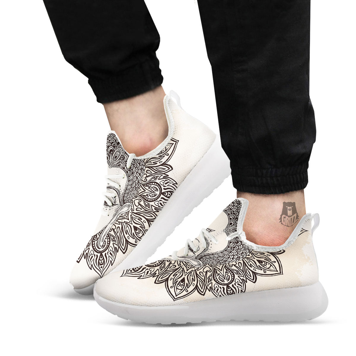 Mandala Buddha Beige Print White Athletic Shoes-grizzshop