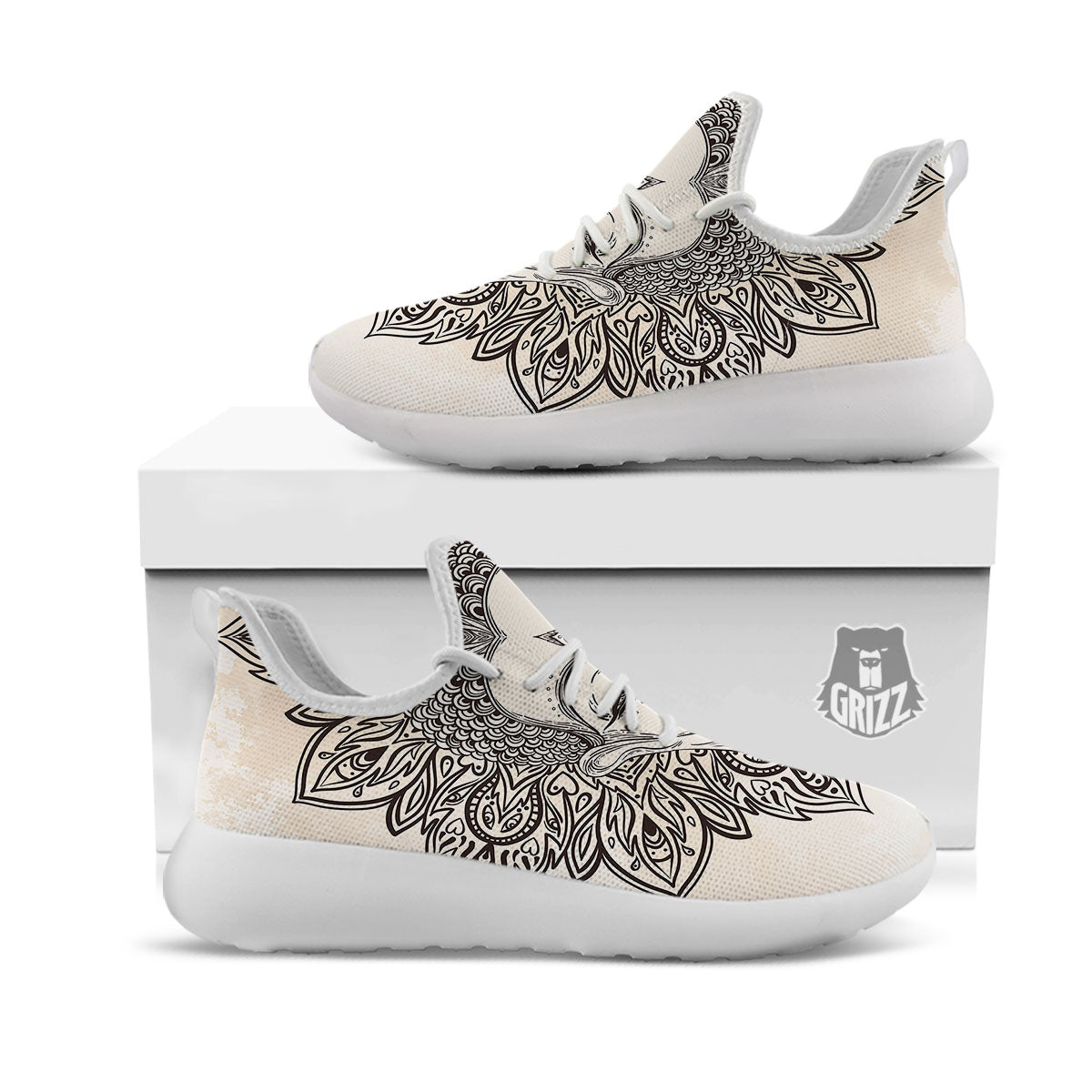 Mandala Buddha Beige Print White Athletic Shoes-grizzshop