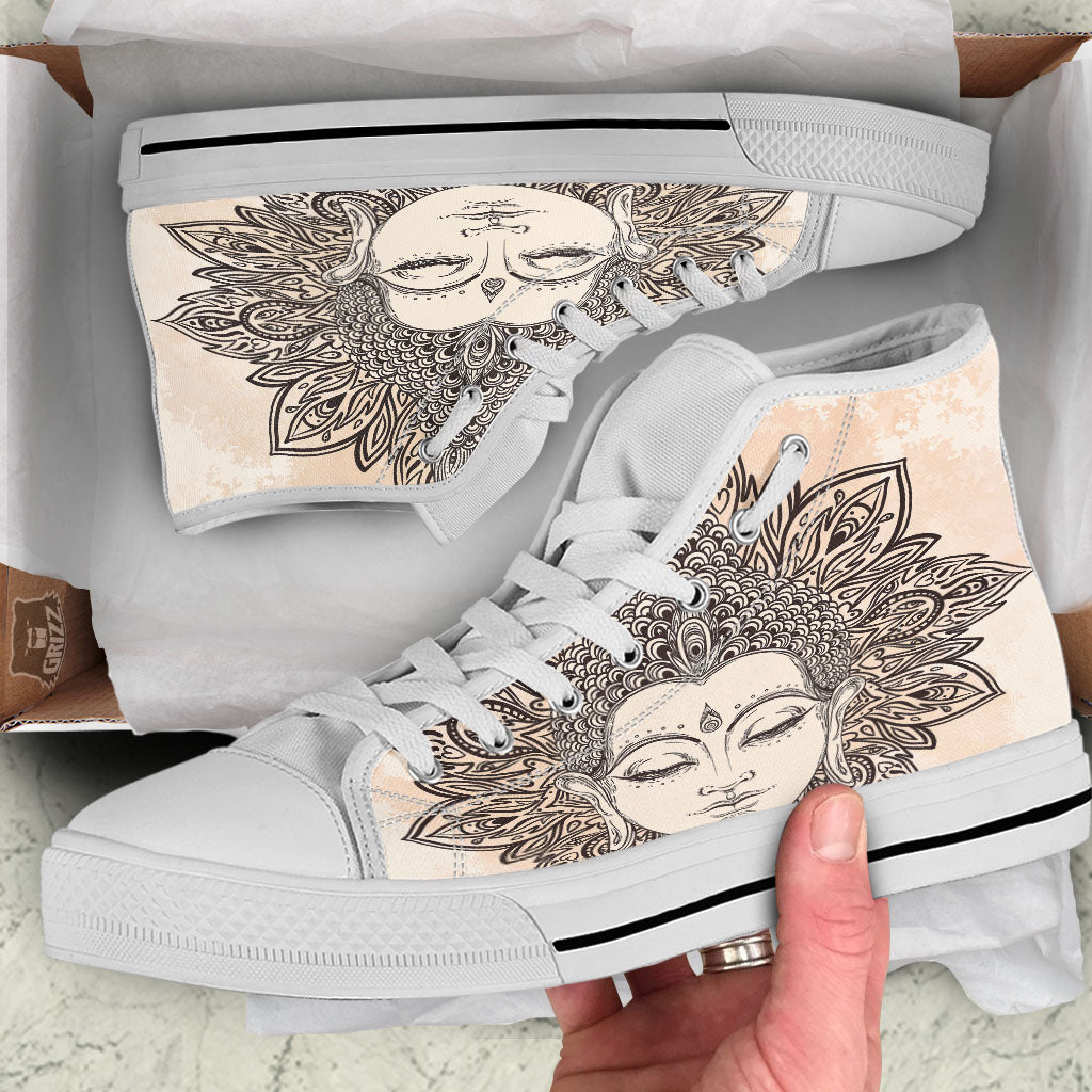 Mandala Buddha Beige Print White High Top Shoes-grizzshop