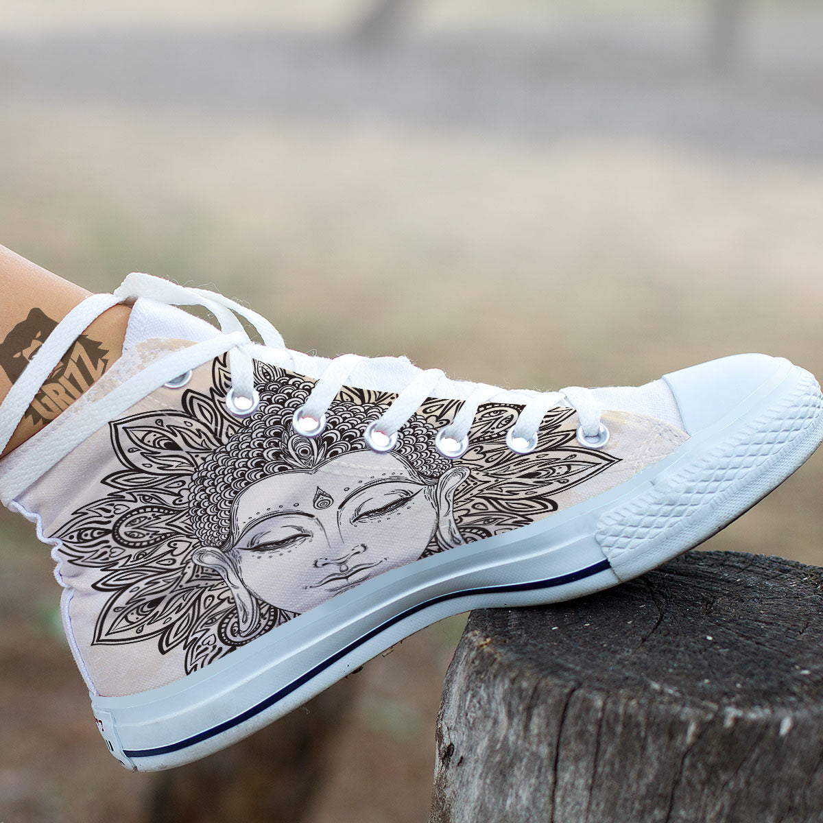 Mandala Buddha Beige Print White High Top Shoes-grizzshop
