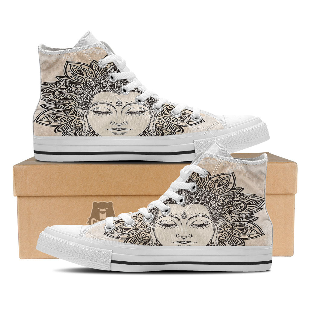 Mandala Buddha Beige Print White High Top Shoes-grizzshop