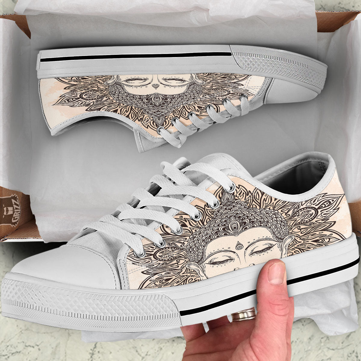 Mandala Buddha Beige Print White Low Top Shoes-grizzshop