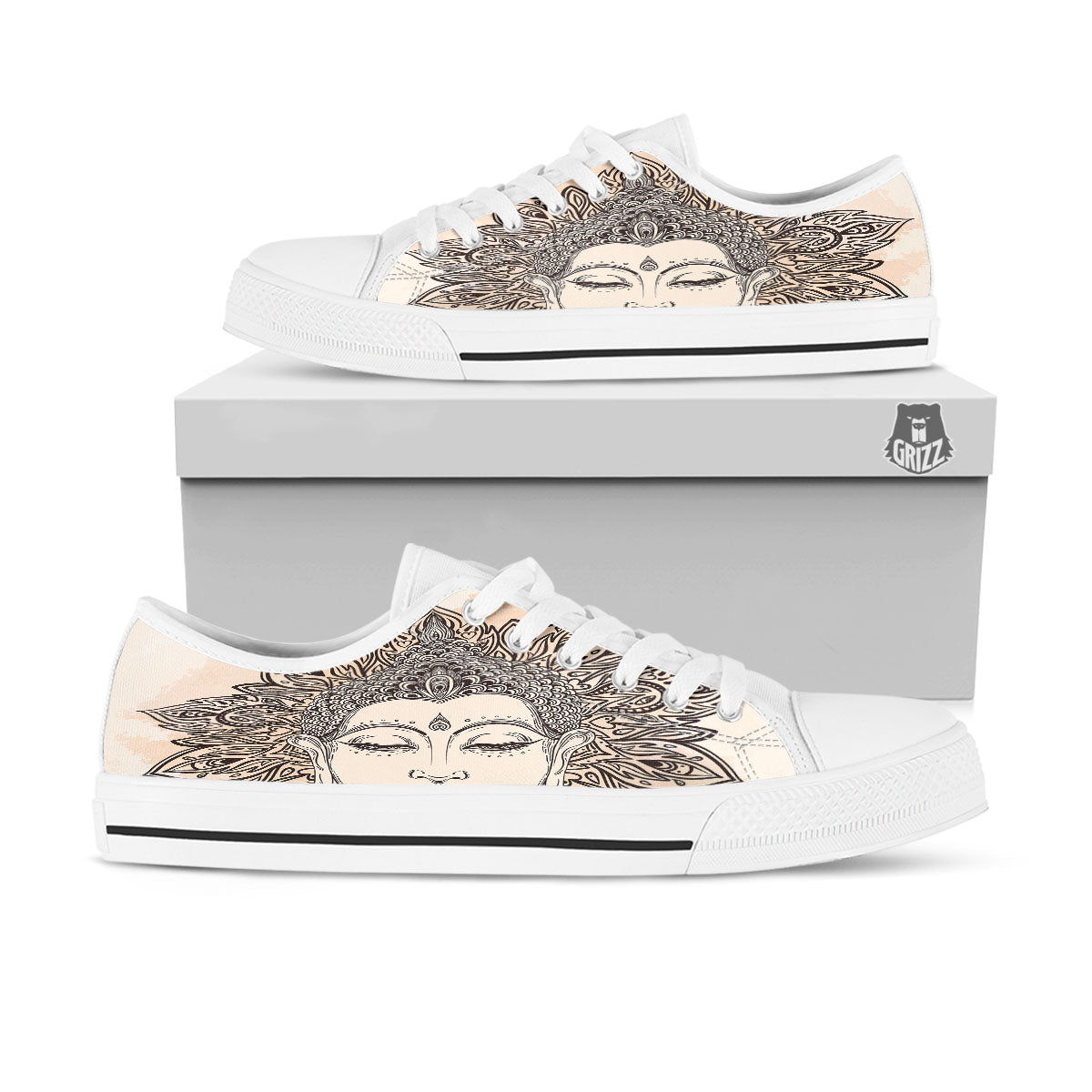Mandala Buddha Beige Print White Low Top Shoes-grizzshop