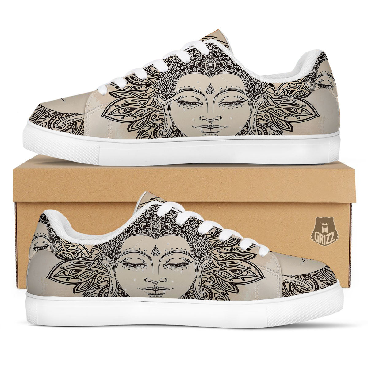 Mandala Buddha Beige Print White Low Top Sneakers-grizzshop