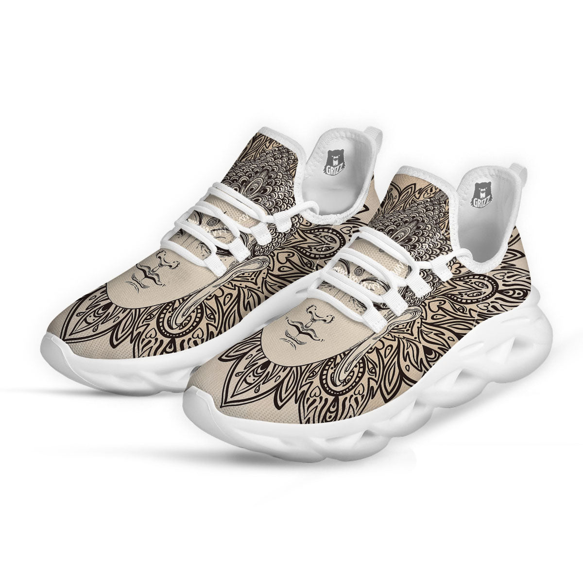 Mandala Buddha Beige Print White Running Shoes-grizzshop
