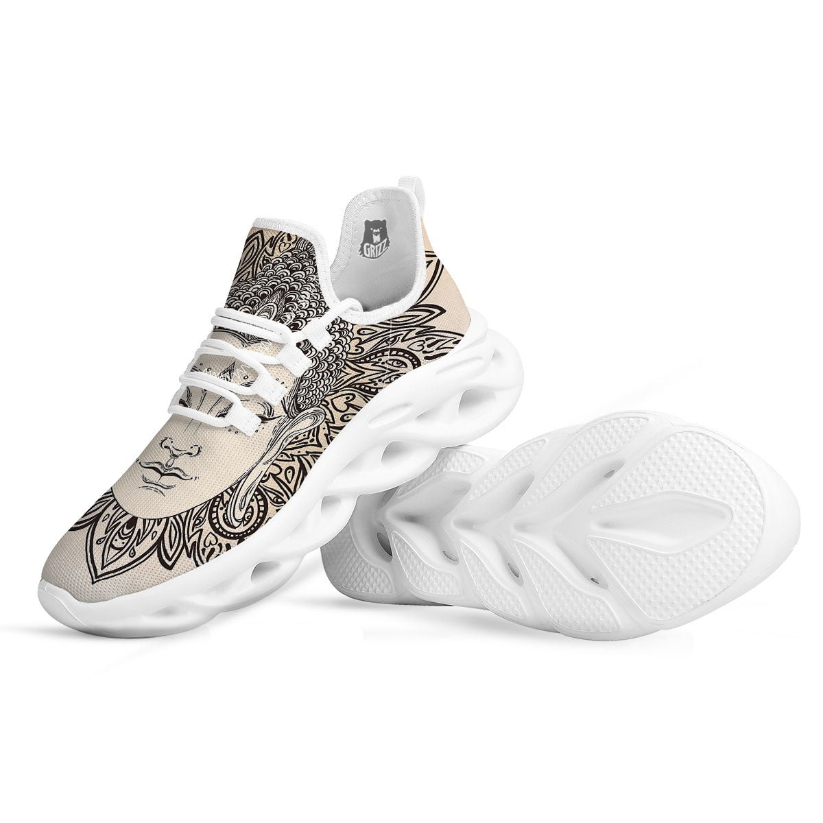 Mandala Buddha Beige Print White Running Shoes-grizzshop