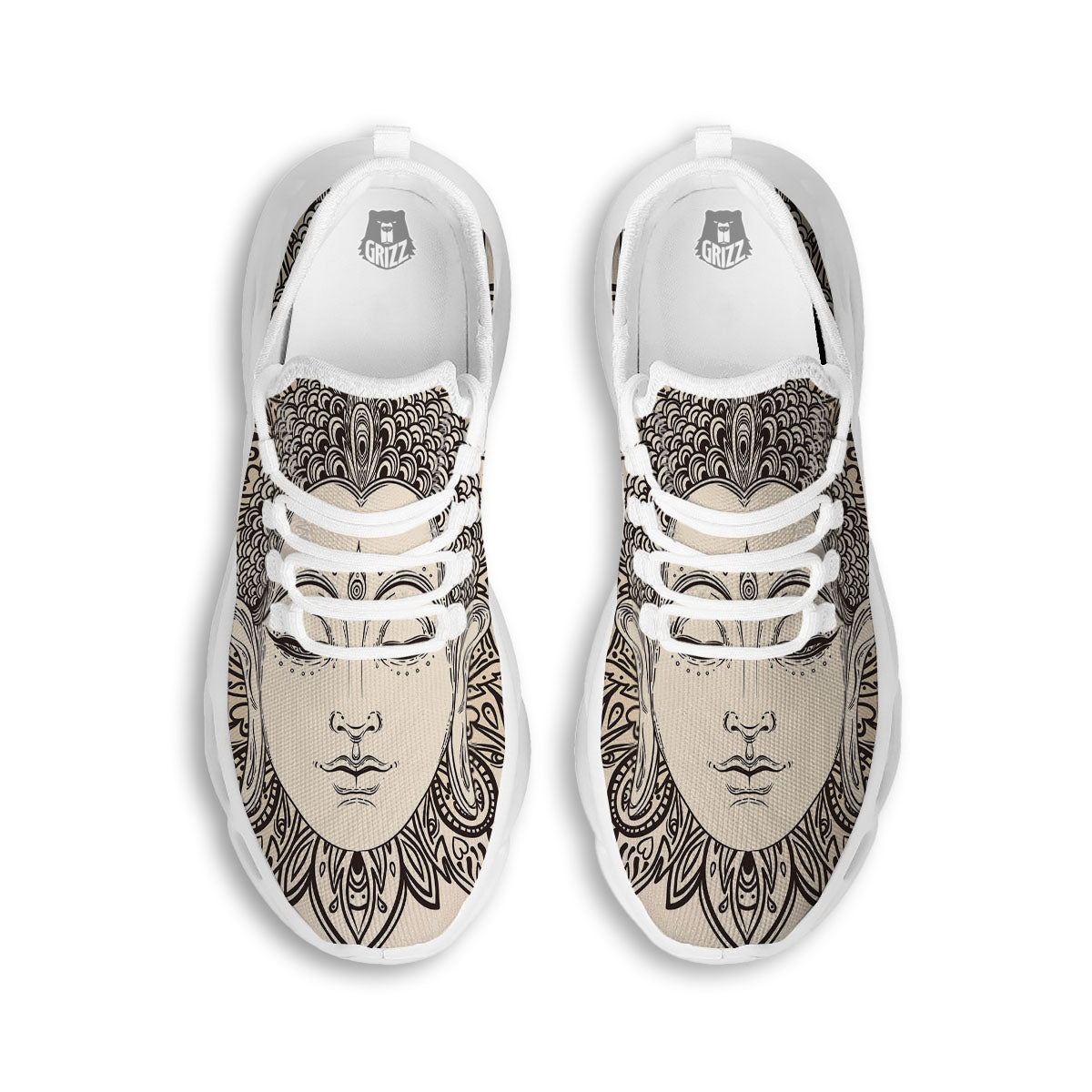 Mandala Buddha Beige Print White Running Shoes-grizzshop