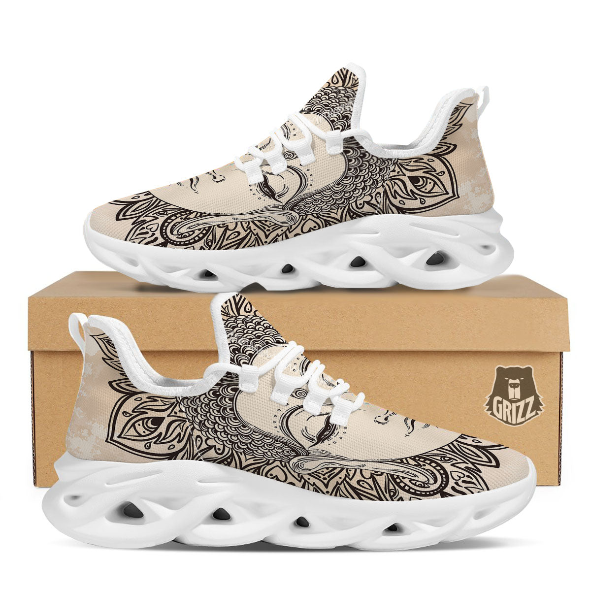 Mandala Buddha Beige Print White Running Shoes-grizzshop