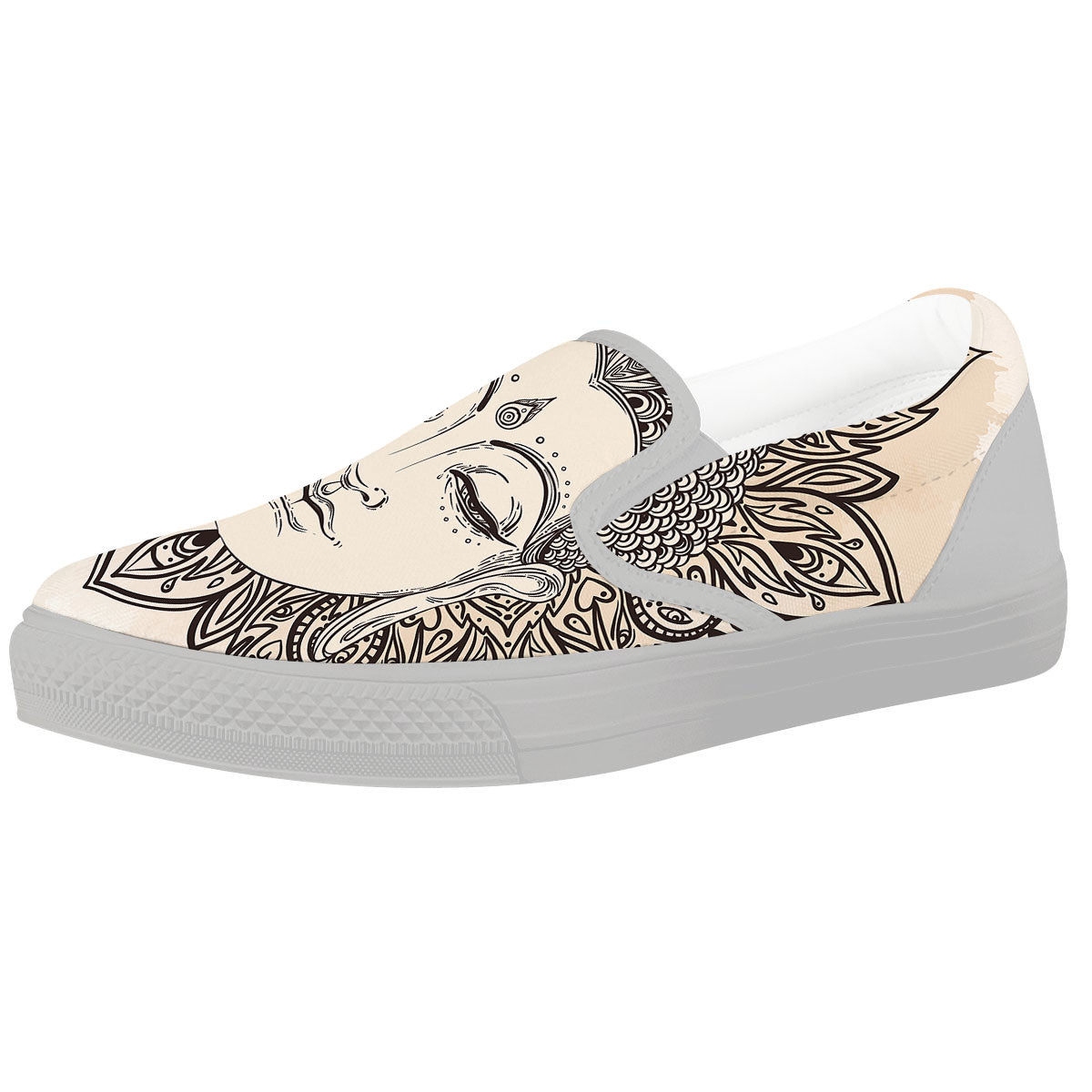 Mandala Buddha Beige Print White Slip On Shoes-grizzshop